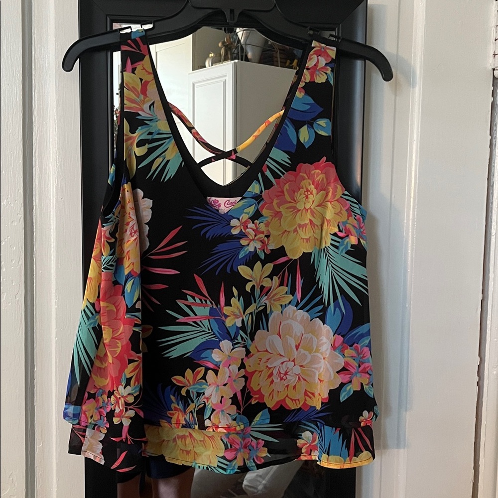 Candie's Black Floral Top with Vibrant Accents